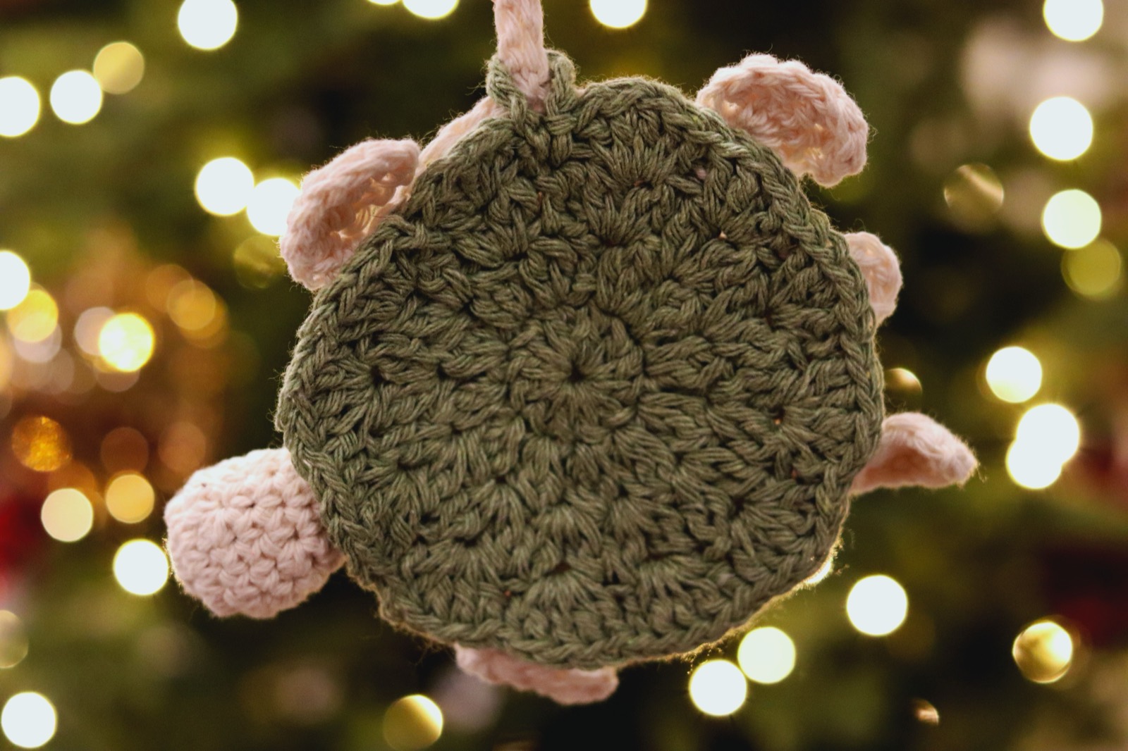Crocheted turtle pouch in sage green with cream limbs